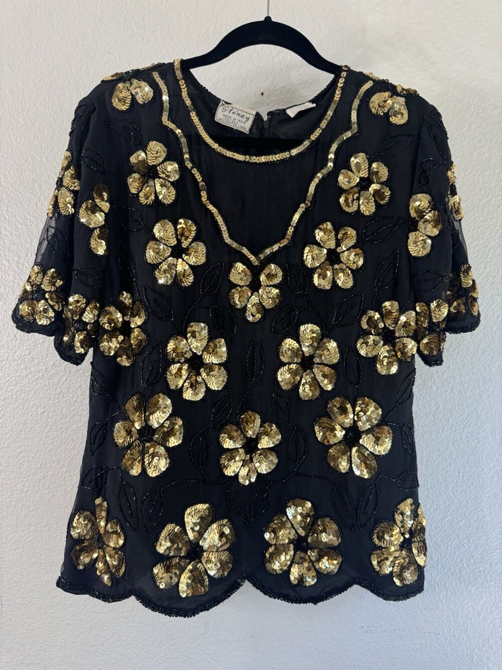 Stenay Silk Beaded sequin Blouse Floral Flowy Party Top